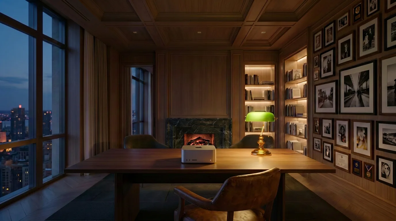 The SignalEar appliance sitting quietly on a walnut desk in a private evening study.